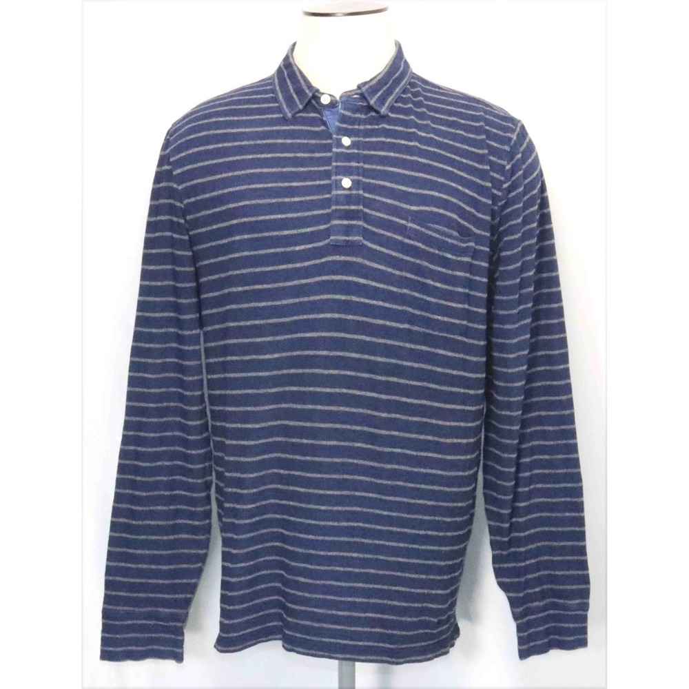 Faherty Indigo Blue Dyed Striped L/S Henley Polo Shirt MKF2010-DIG Mens Size 2XL